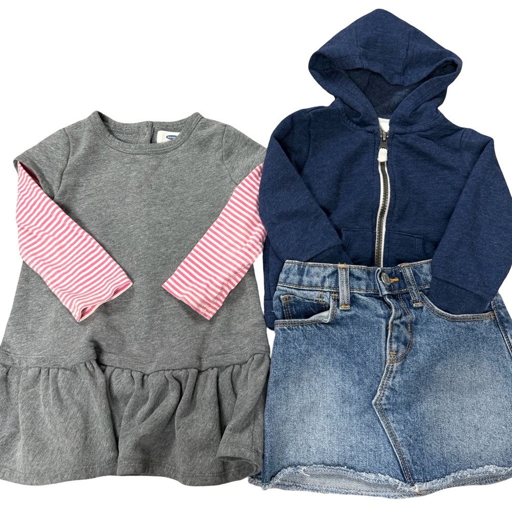 Gray and Pink Striped Dress
Zip up sweatshirt & jean skirt 
12-24 months